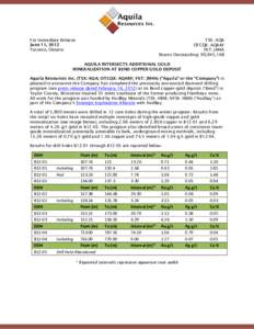 For Immediate Release June 11, 2012 Toronto, Ontario TSX: AQA OTCQX: AQARF