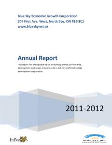 Blue Sky Economic Growth Corporation 204 First Ave. West, North Bay, ON P1B 3C1 www.blueskynet.ca Annual Report This report has been prepared for evaluating overall performance,