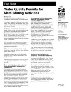 Fact Sheet  Water Quality Permits for Metal Mining Activities Background This fact sheet outlines water quality permit