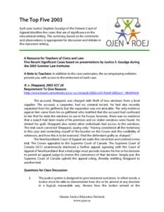 The Top Five 2003 Each year Justice Stephen Goudge of the Ontario Court of Appeal identifies five cases that are of significance in the educational setting. This summary, based on his comments and observations, is approp