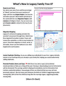 What’s New in Legacy Family Tree 8? Reports and Charts See where you came from and the percentage of “blood” you have from your countries of origin with the new Origins Report. See how far and wide a person’s des