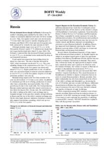 BOFIT Weekly 17 • Russia Private demand down sharply in Russia. Following December’s shopping spree sparked by the ruble’s fall, the volume of seasonally adjusted retail sales fell three months