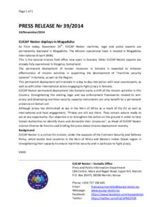 Page 1 of 1  PRESS RELEASE Nr[removed]November[removed]EUCAP Nestor deploys in Mogadishu