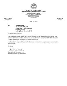 STATE OF TENNESSEE DEPARTMENT OF TRANSPORTATION CONSTRUCTION DIVISION SUITE 700, JAMES K. POLK BUILDING 505 DEADERICK STREET NASHVILLE, TN[removed]