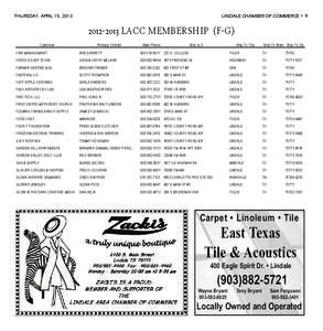 THURSDAY, APRIL 15, 2013	  LINDALE CHAMBER OF COMMERCE • [removed]LACC MEMBERSHIP (F-G) Customer