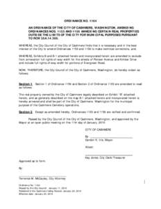 ORDINANCE NO[removed]AN ORDINANCE OF THE CITY OF CASHMERE, WASHINGTON, AMENDING ORDINANCES NOS[removed]AND 1156 ANNEXING CERTAIN REAL PROPERTIES OUTSIDE THE LIMITS OF THE CITY FOR MUNICIPAL PURPOSES PURSUANT TO RCW 35A.14.30