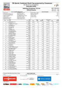 FIS Nordic Combined World Cup presented by Viessmann 5th World Cup Competition Schonach (GER) SAT 21 DEC[removed]Individual Gundersen 10.0 km