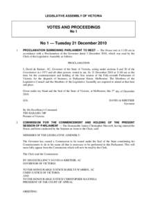 LEGISLATIVE ASSEMBLY OF VICTORIA  VOTES AND PROCEEDINGS No 1  No 1 — Tuesday 21 December 2010