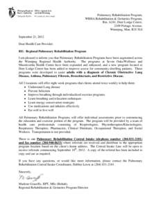 Pulmonary Rehabilitation Program, WRHA Rehabilitation & Geriatrics Program, Rm. A241, Deer Lodge Centre, 2109 Portage Avenue, Winnipeg, Man. R3J 3L0 September 21, 2012