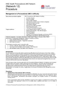 HNE Health Prevocational JMO Network  (Network 12) Procedure Management of a Prevocational JMO in difficulty Sites where procedure applies