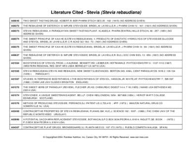 Literature Cited - Stevia (Stevia rebaudiana) A00045 TW O SW EET TASTING DRUGS. KOBE RT,R: BER PHARM DTSCH GES 25 : [removed]NO ADDRESS GIVEN)  A00372