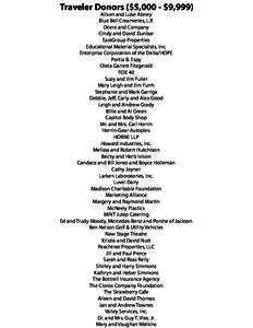 Traveler Donors ($5,000 - $9,999)  Alison and Luke Abney Blue Bell Creameries, L.P. Deere and Company Cindy and David Dunbar