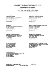 REQUEST FOR QUALIFICATIONS RFP[removed]COMMUNITY BRANDING FOR THE CITY OF CLEARWATER APCO WORLDWIDE 700 12TH STREET , N.W. SUITE 800