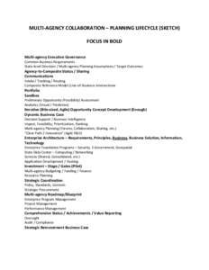 MULTI-AGENCY COLLABORATION – PLANNING LIFECYCLE (SKETCH) FOCUS IN BOLD Multi-agency Executive Governance Common Business Requirements State-level Direction / Multi-agency Planning Assumptions / Target Outcomes