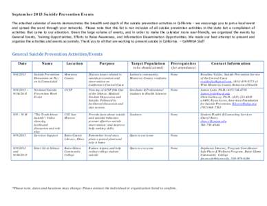 September 2013 Suicide Prevention Events The attached calendar of events demonstrates the breadth and depth of the suicide prevention activities in California – we encourage you to join a local event and spread the wor