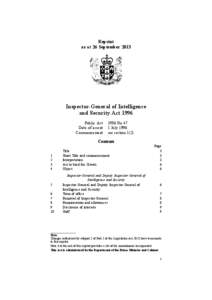 Reprint as at 26 September 2013 Inspector-General of Intelligence and Security Act 1996 Public Act