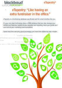 eTapestry®  eTapestry: “Like having an extra fundraiser in the office.” eTapestry is a fundraising database specifically built for small charities like you. It’s your one stop fundraising shop: a CRM database that
