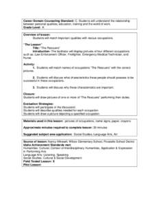 Career Domain Counseling Standard: C. Students will understand the relationship between personal qualities, education, training and the world of work. Grade Level: K Overview of lesson: Students will match important qual