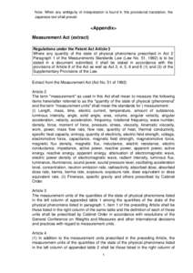 Note: When any ambiguity of interpretation is found in this provisional translation, the Japanese text shall prevail. <Appendix> Measurement Act (extract) Regulations under the Patent Act Article 3