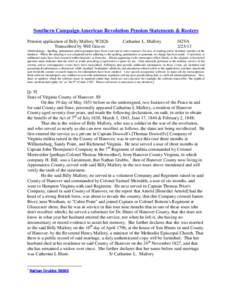 Southern Campaign American Revolution Pension Statements & Rosters Pension application of Billy Mallory W2826 Transcribed by Will Graves Catharine L. Mallory