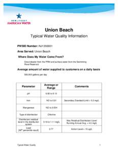 Union Beach Typical Water Quality Information PWSID Number: NJ1350001 Area Served: Union Beach Where Does My Water Come From? Groundwater from the PRM and surface water from the Swimming