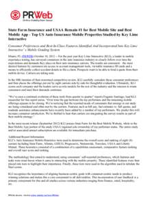 State Farm Insurance and USAA Remain #1 for Best Mobile Site and Best Mobile App - Top US Auto Insurance Mobile Properties Studied by Key Lime Interactive Consumer Preferences and Best-In-Class Features Identified And In