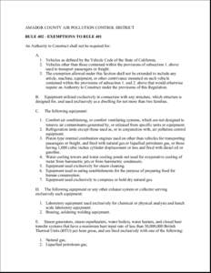 AMADOR COUNTY AIR POLLUTION CONTROL DISTRICT RULE[removed]EXEMPTIONS TO RULE 401 An Authority to Construct shall not be required for: A.  1. Vehicles as defined by the Vehicle Code of the State of California.