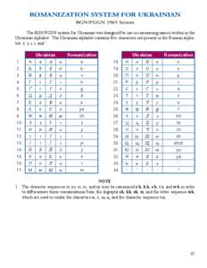 ROMANIZATION SYSTEM FOR UKRAINIAN BGN/PGGN 1965 System The BGN/PCGN system for Ukrainian was designed for use in romanizing names written in the Ukrainian alphabet. The Ukrainian alphabet contains five characters not pre