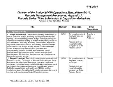 [removed]Division of the Budget (DOB) Operations Manual Item E-015, Records Management Procedures, Appendix A: Records Series Titles & Retention & Disposition Guidelines Pursuant to New York State Archives