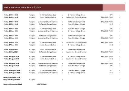 Girls Junior Soccer Roster Term 2 &[removed]Friday, 23 May 2014