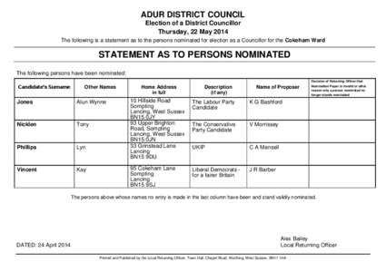 ADUR DISTRICT COUNCIL Election of a District Councillor Thursday, 22 May 2014 The following is a statement as to the persons nominated for election as a Councillor for the Cokeham Ward  STATEMENT AS TO PERSONS NOMINATED