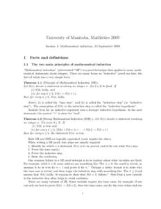 University of Manitoba, Mathletics 2009 Seesion 1: Mathematical induction, 15 September[removed]