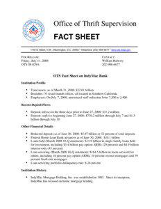 Office of Thrift Supervision FACT SHEET 1700 G Street, N.W., Washington, D.C[removed] • Telephone[removed] • www.ots.treas.gov