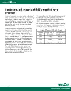 Residential bill impacts of MGE’s modified rate proposal Under our proposed new rates—just as under today’s rates—customers who use the least amount of energy will continue to have the lowest bills. Customers who