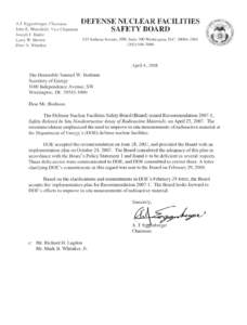 April 4, 2008 Letter from Chairman Eggenberger to the Secretary of Energy re: Recommendation[removed], Safety-Related In Situ Nondestructive Assay of Radioactive materials