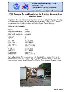 NWS Damage Survey Results for the Tropical Storm Andrea Tornado Event Overview: Two sets of tornadic rain bands moved into west Florida Thursday. The first