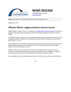 NEWS RELEASE FOR IMMEDIATE RELEASE www.doc.wa.gov Contact: Risa Klemme, Public Information Officer[removed]Ext[removed]October 15, 2012