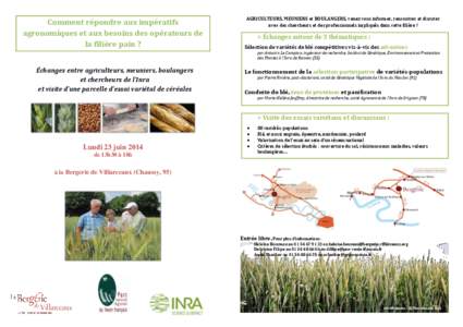 Comment répondre aux impératifs agronomiques et aux besoins des opérateurs de la filière pain ? AGRICULTEURS, MEUNIERS et BOULANGERS, venez vous informer, rencontrer et discuter avec des chercheurs et des professionn