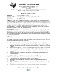 Legal Aid of NorthWest Texas 600 East Weatherford Street, Fort Worth, Texas[removed]4740 (fax[removed]www.lanwt.org With offices in Abilene, Amarillo, Brownwood, Dallas, Denton, Fort Worth, Lubbock, McKinney,
