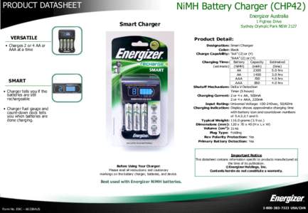 PRODUCT DATASHEET  NiMH Battery Charger (CHP42) Energizer Australia  1 Figtree Drive