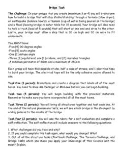 Bridge Task The Challenge: In your groups that you create (maximum 3 or 4) you will brainstorm how to build a bridge that will stay stable/standing through a tornado (blow dryer), an earthquake (balance board), a tsunami