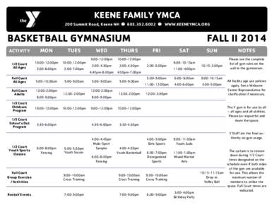 KEENE FAMILY YMCA 200 Summit Road, Keene NH[removed] WWW.KEENEYMCA.ORG BASKETBALL GYMNASIUM ACTIVITY