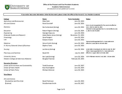 Office of the Provost and Vice-President Academic Academic Administrators (this document was last updated April 16, 2014) If you notice inaccurate information within this document, please contact the Office of the Provos