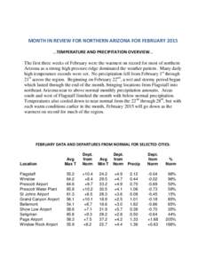 MONTH IN REVIEW FOR NORTHERN ARIZONA FOR FEBRUARY[removed]TEMPERATURE AND PRECIPITATION OVERVIEW... The first three weeks of February were the warmest on record for most of northern Arizona as a strong high pressure ridg