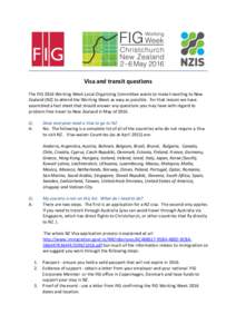 Visa and transit questions The FIG 2016 Working Week Local Organising Committee wants to make travelling to New Zealand (NZ) to attend the Working Week as easy as possible. For that reason we have assembled a fact sheet 