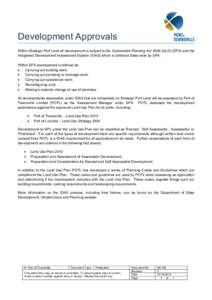 Development Approvals Within Strategic Port Land all development is subject to the Sustainable Planning Act[removed]QLD) (SPA) and the Integrated Development Assessment System (IDAS) which is enforced State wide by SPA. Wi