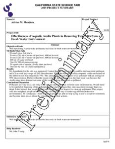 CALIFORNIA STATE SCIENCE FAIR 2015 PROJECT SUMMARY Name(s)  Project Number