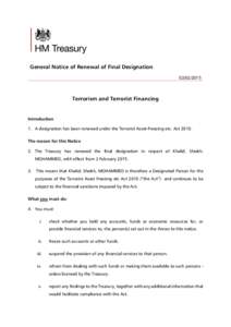 General Notice of Renewal of Final Designation[removed]Terrorism and Terrorist Financing  Introduction