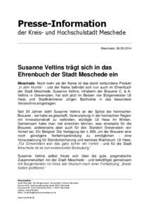 Presse-Information der Kreis- und Hochschulstadt Meschede Meschede, [removed]Susanne Veltins trägt sich in das Ehrenbuch der Stadt Meschede ein