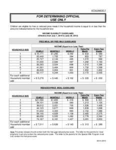 ATTACHMENT P  FOR DETERMINING OFFICIAL USE ONLY Children are eligible for free or reduced price meals if the household income is equal to or less than the amounts indicated below for the household size.